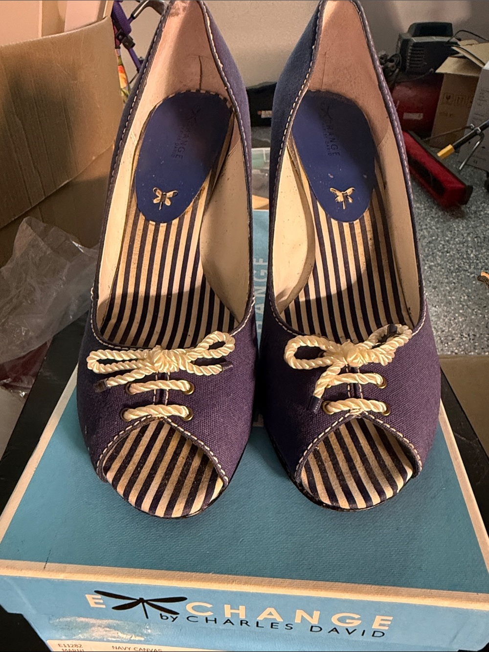 Charles David Navy Peep-Toe Heels with Rope Bow Detail size 9 1/2
